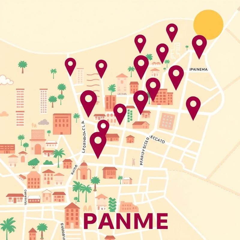 Mapa estilizado do bairro de Ipanema, Rio de Janeiro, com fundo creme e ruas em borgonha