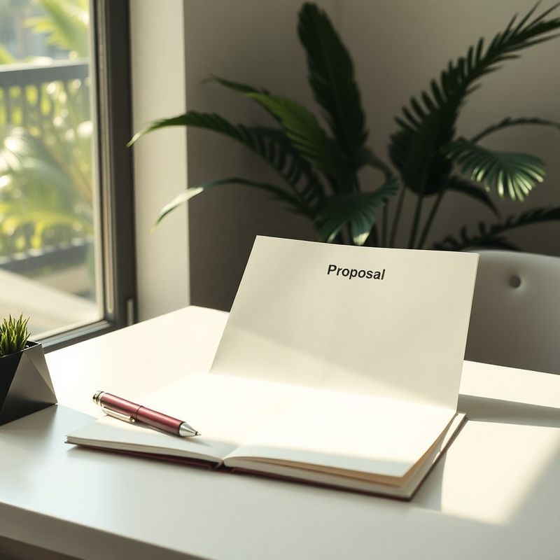 Mesa minimalista com proposta em papel creme e caneta borgonha, luz suave do fim de tarde