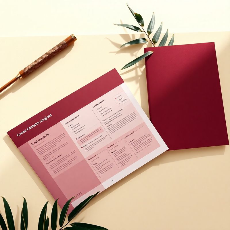 Flat-lay de entregáveis de produção de conteúdo: fluxograma impresso, guia de voz da marca e templates editoriais