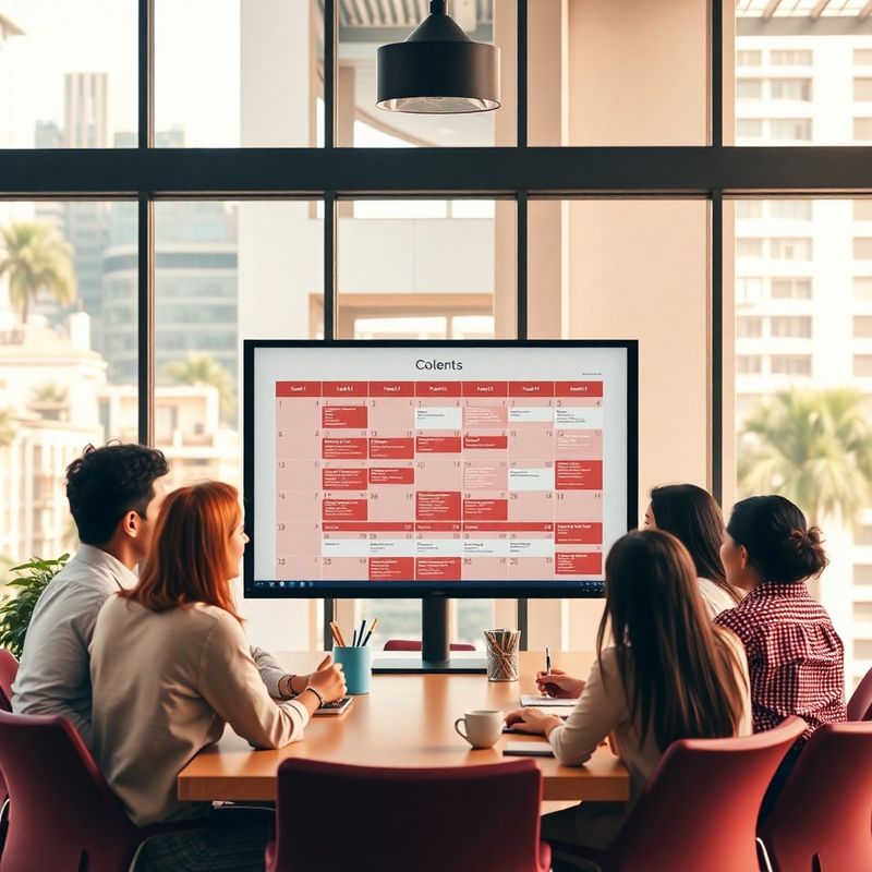 Equipe de marketing brasileira reunida em torno de um calendário editorial em um escritório luminoso no Rio de Janeiro
