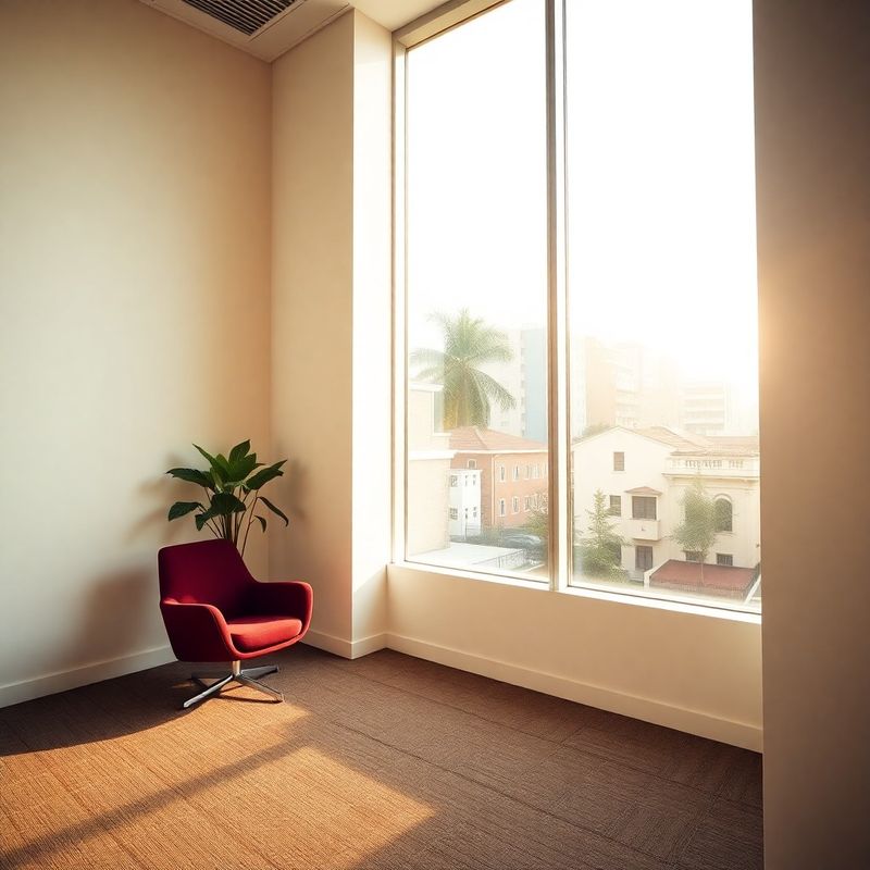 Interior minimalista de escritório no Rio de Janeiro, com paredes em creme e poltrona em borgonha
